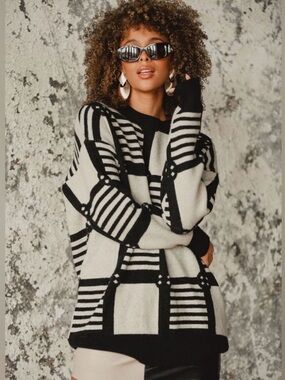 12th Tribe Black and Cream Geometric Crewneck Sweater